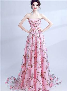 Picture of Pink Flowers Long Scoop A-line Lace-up Formal Dresses, Long Party Dresses Evening Dresses